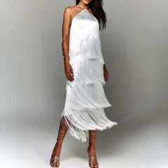 Vestido Festa Longo Com Franja Lamour