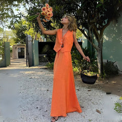 Conjunto-Feminino-Saia-e-Colete-Linho-Laranja-Kleo_Detalhes