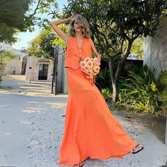 Conjunto-Feminino-Saia-e-Colete-Linho-Laranja-Kleo_Detalhes-2