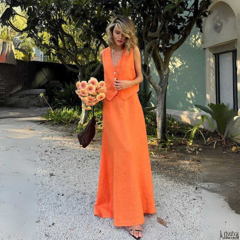 Conjunto-Feminino-Saia-e-Colete-Linho-Laranja-Kleo_Frente