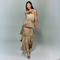 Vestido Festa Longo Com Franja Lamour