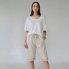 Bermuda Feminina Soltinha Algodão Bege Belle