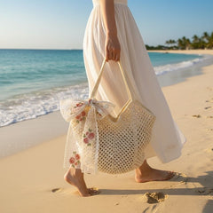 Bolsa de Crochê de Praia Bege Laço