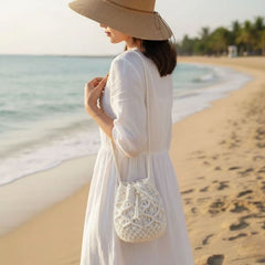 Bolsa de Crochê de Praia Branca Bucket