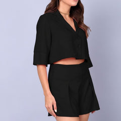 Conjunto Alfaiataria Feminino Verão Short e Cropped Preto