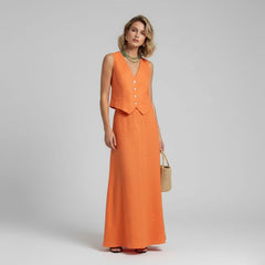 Conjunto Feminino Saia e Colete Linho Laranja Kleo