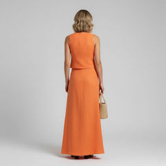 Conjunto Feminino Saia e Colete Linho Laranja Kleo