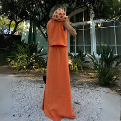 Conjunto Feminino Saia e Colete Linho Laranja Kleo