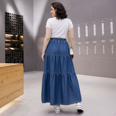 Saia Jeans Plus Size Longa Com Babados Angelica