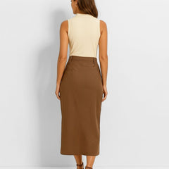 Saia Midi Alfaiataria Marrom com Fenda Gabi