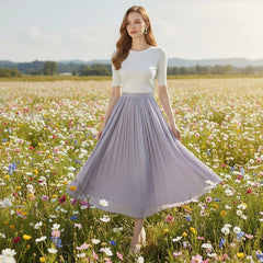 Saia Midi Plissada Cintura Alta Celeste