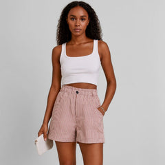 Short Feminino Alfaiataria Cintura Alta Listrado