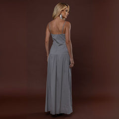 Vestido Longo Elegante Tricoline Cinza Mary