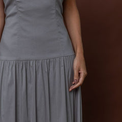 Vestido Longo Elegante Tricoline Cinza Mary