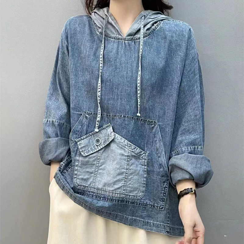 Blusa Feminina Manga Longa Canguru Jeans Gisele
