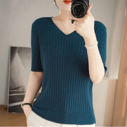 Blusa Feminina Decote Em V Mari Alga Azul - Coradon