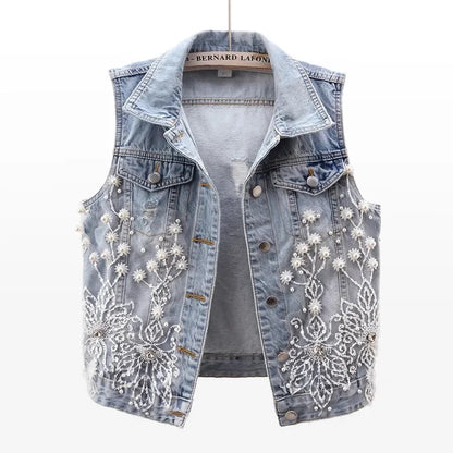 Colete Jeans Bordado Curto Feminino Luara - Coradon