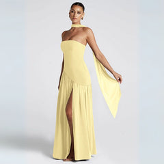 Vestido-Longo-Festa-Amarelo-Manteiga-Nicolle_Modelo-Esticando-Braço
