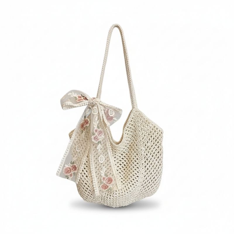 Bolsa de Crochê de Praia Bege Laço