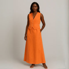 Conjunto Feminino Saia e Colete Linho Laranja Kleo