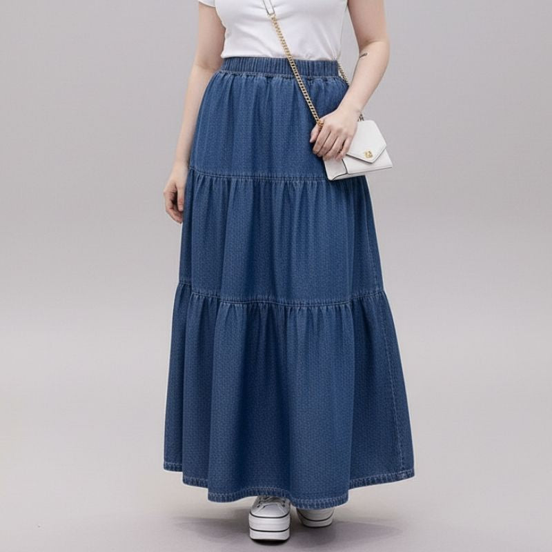 Saia Jeans Plus Size Longa Com Babados Angelica