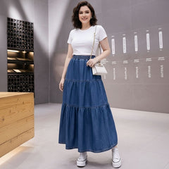 Saia Jeans Plus Size Longa Com Babados Angelica