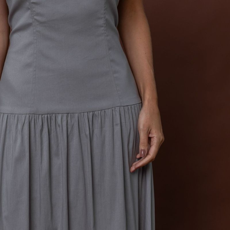 Vestido Longo Elegante Tricoline Cinza Mary