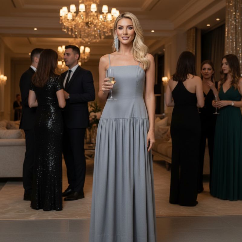 Vestido Longo Elegante Tricoline Cinza Mary