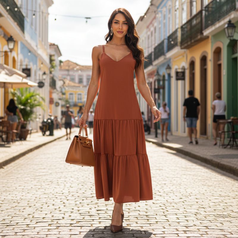 Vestido Midi Elegante Terracota Fabi