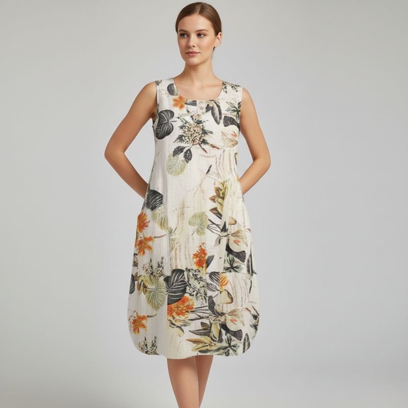 Vestido Midi Soltinho Bege Sem Mangas Hailey
