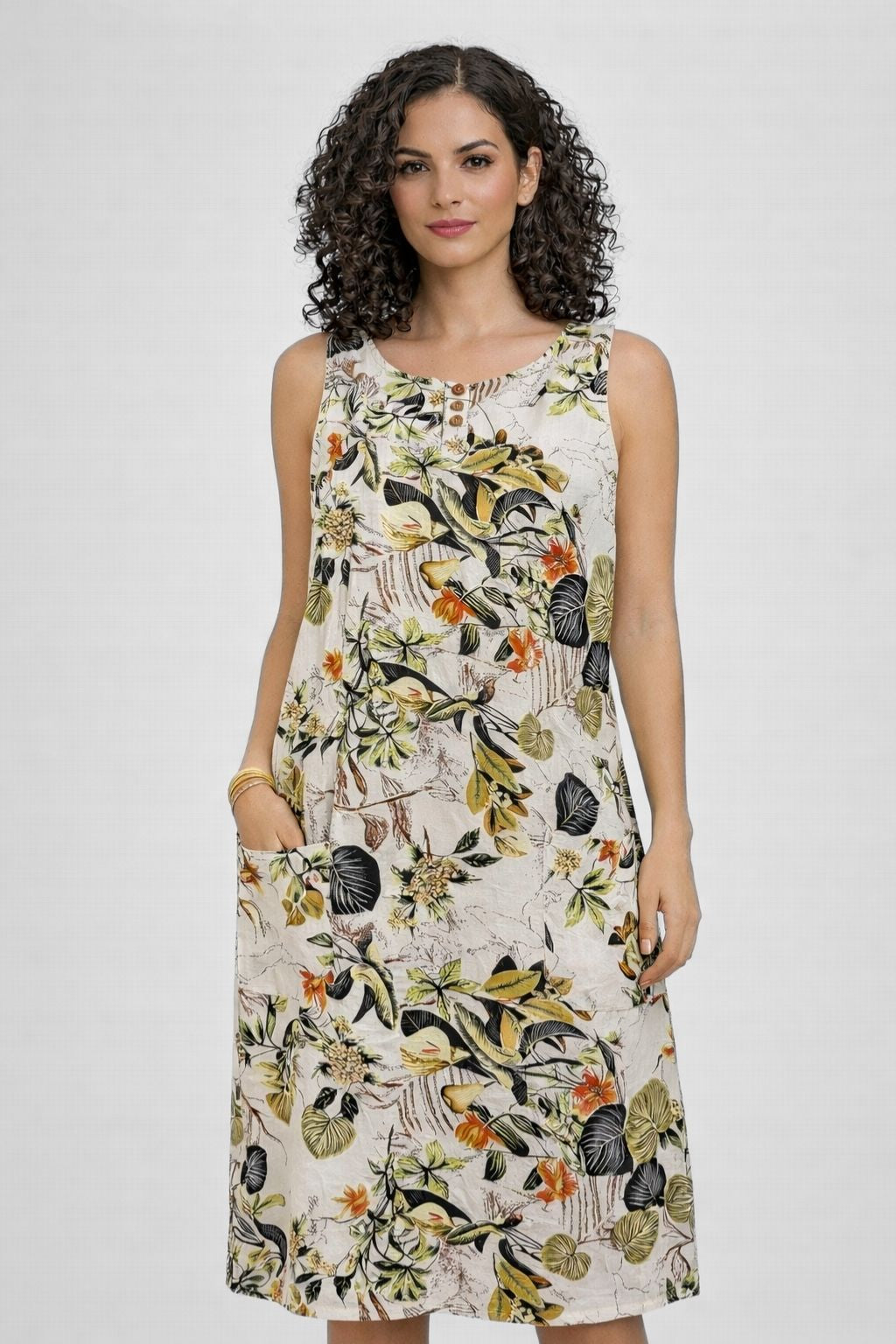 Vestido Midi Soltinho Bege Sem Mangas Hailey